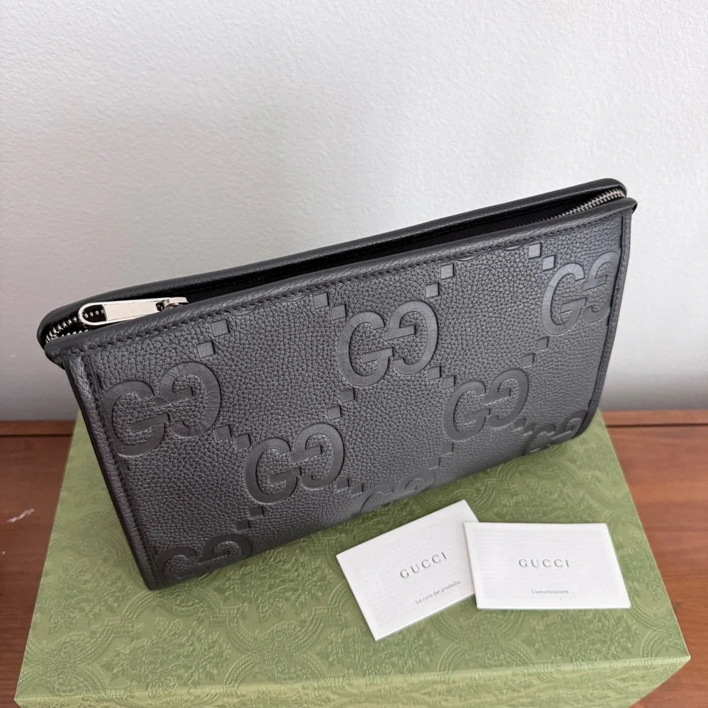 Gucci Mens GG Black Grained Leather Pouch Clutch Bag 739490